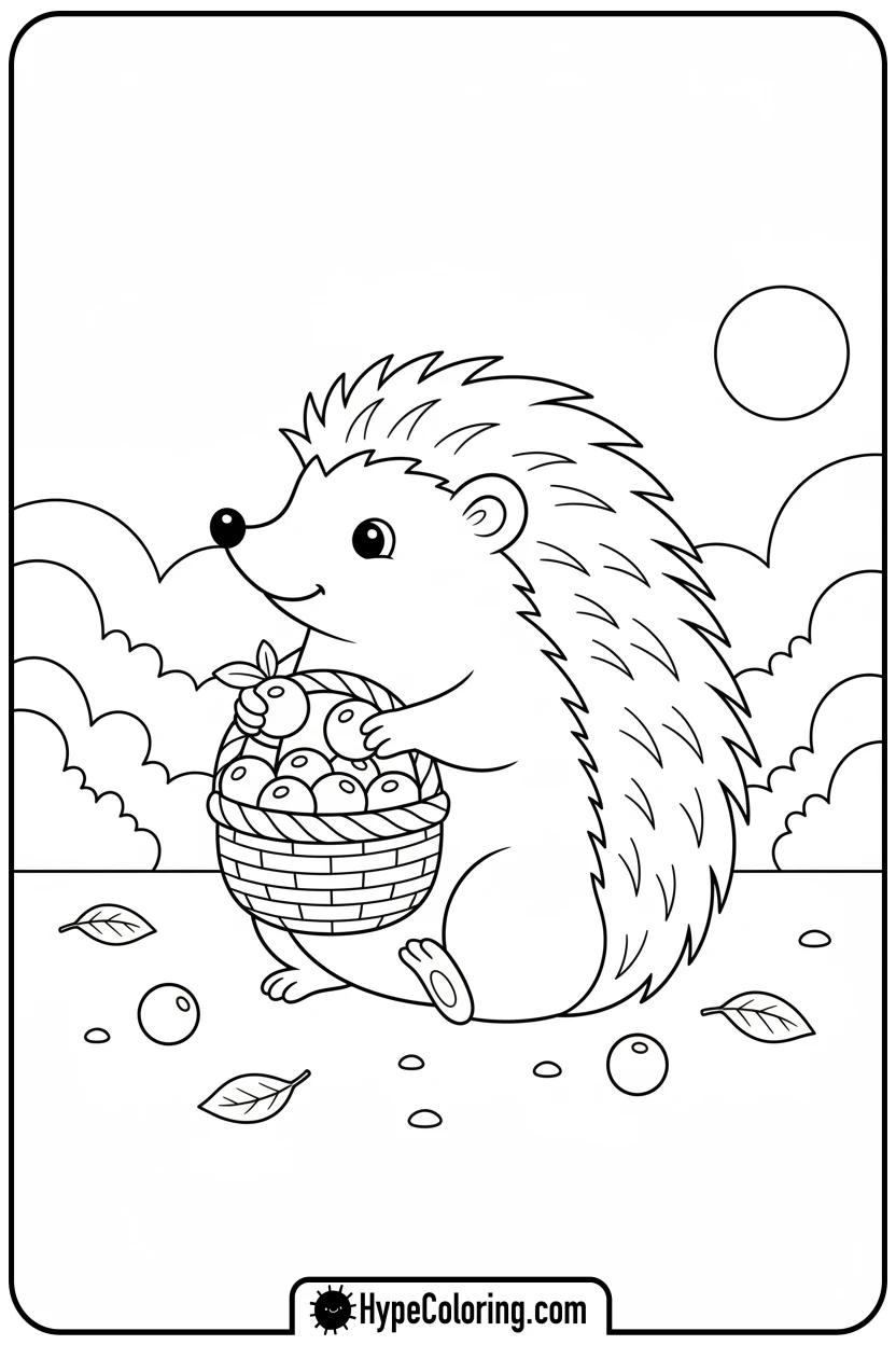 hedgehog-collecting-berries - adorable animal coloring pages