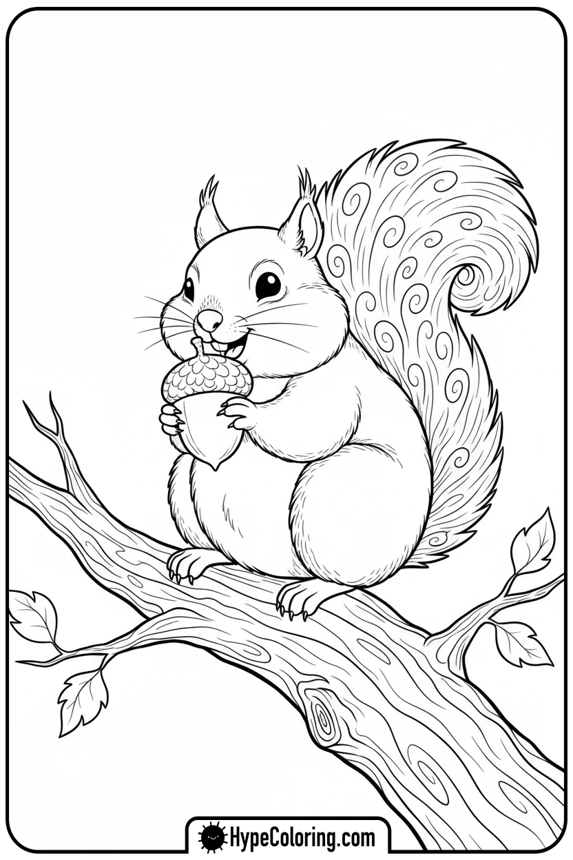 squirrel-eating-acorn - adorable animal coloring pages
