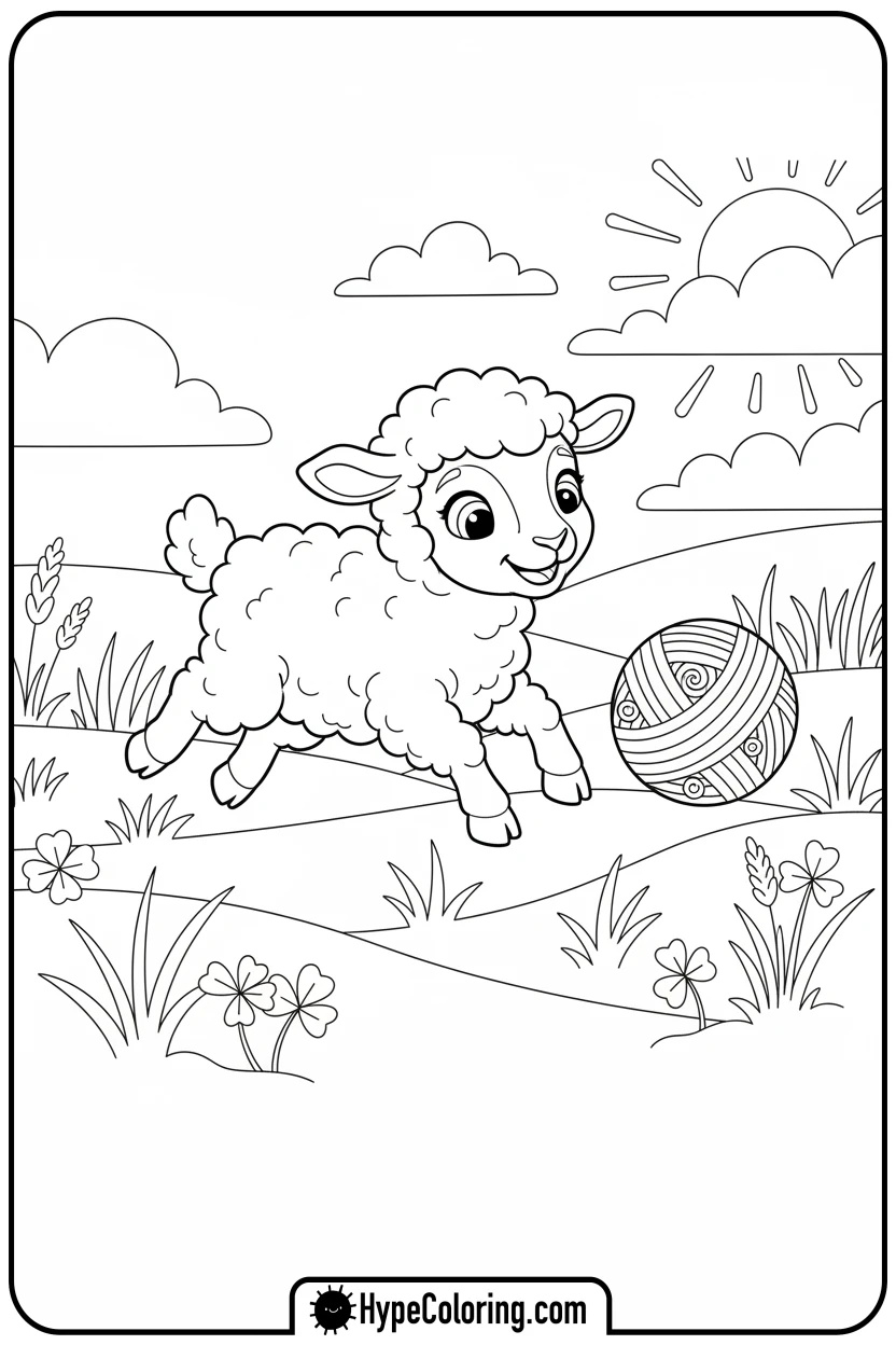 lamb-chasing-wool-ball - adorable animal coloring pages