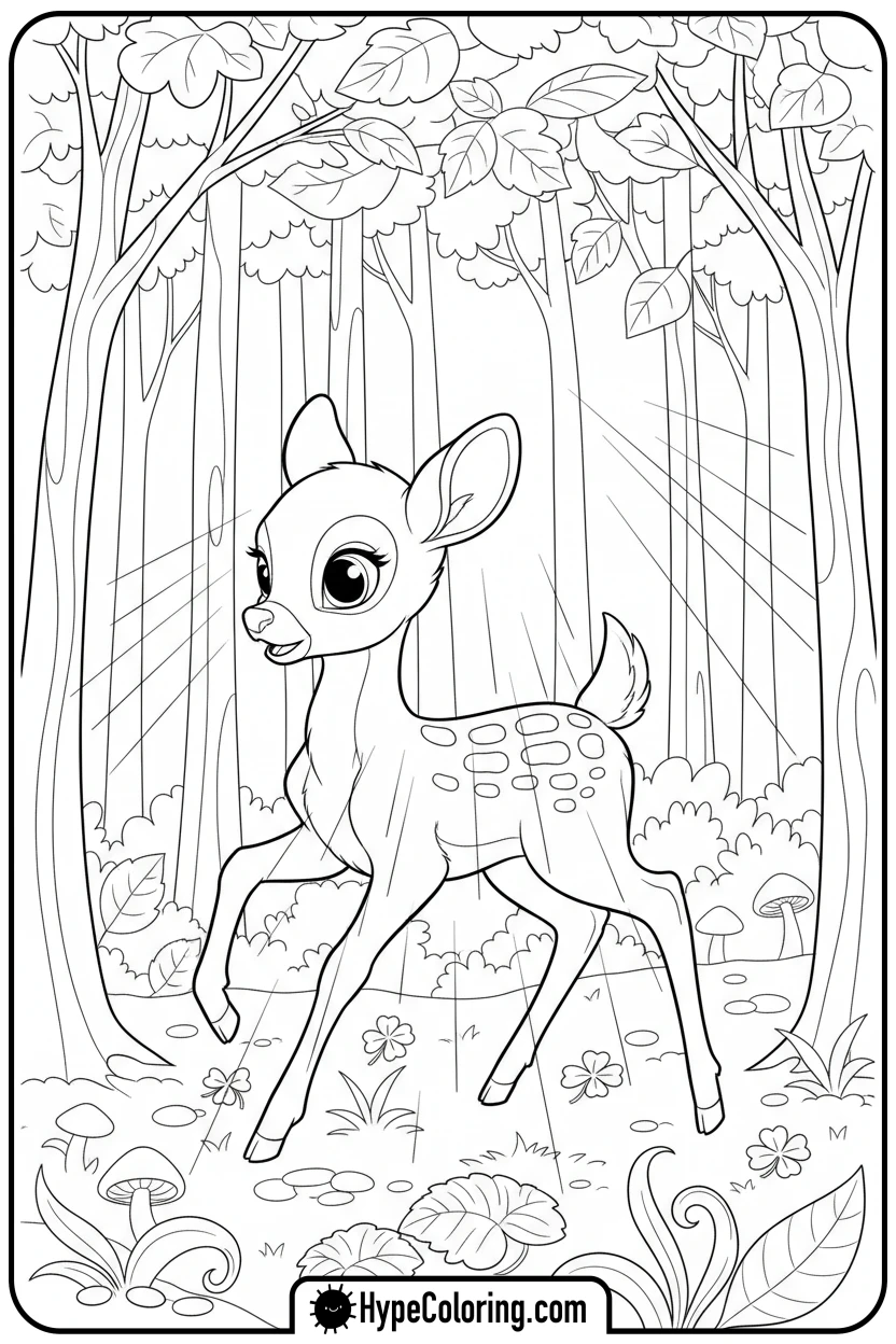 fawn-frolicking-in-forest - adorable animal coloring pages