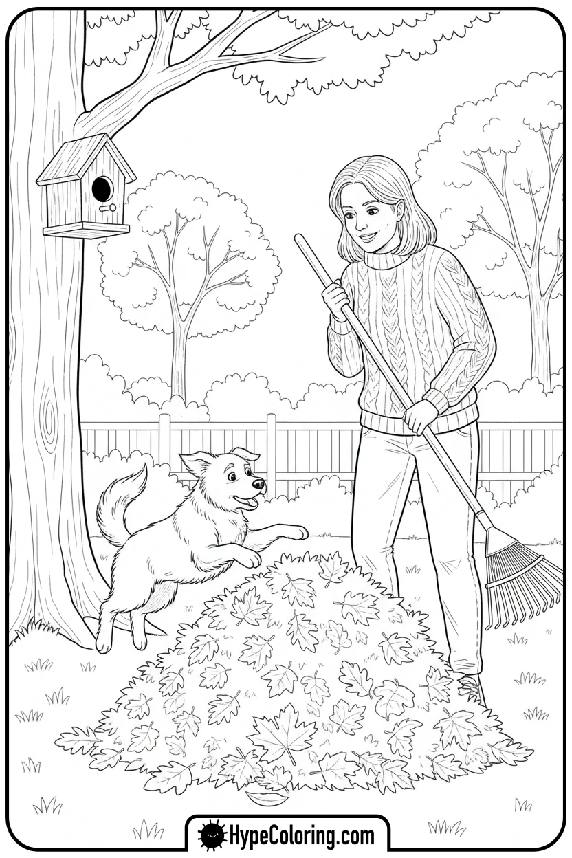 woman-raking-autumn-leaves-with-dog - autumn adult coloring pages