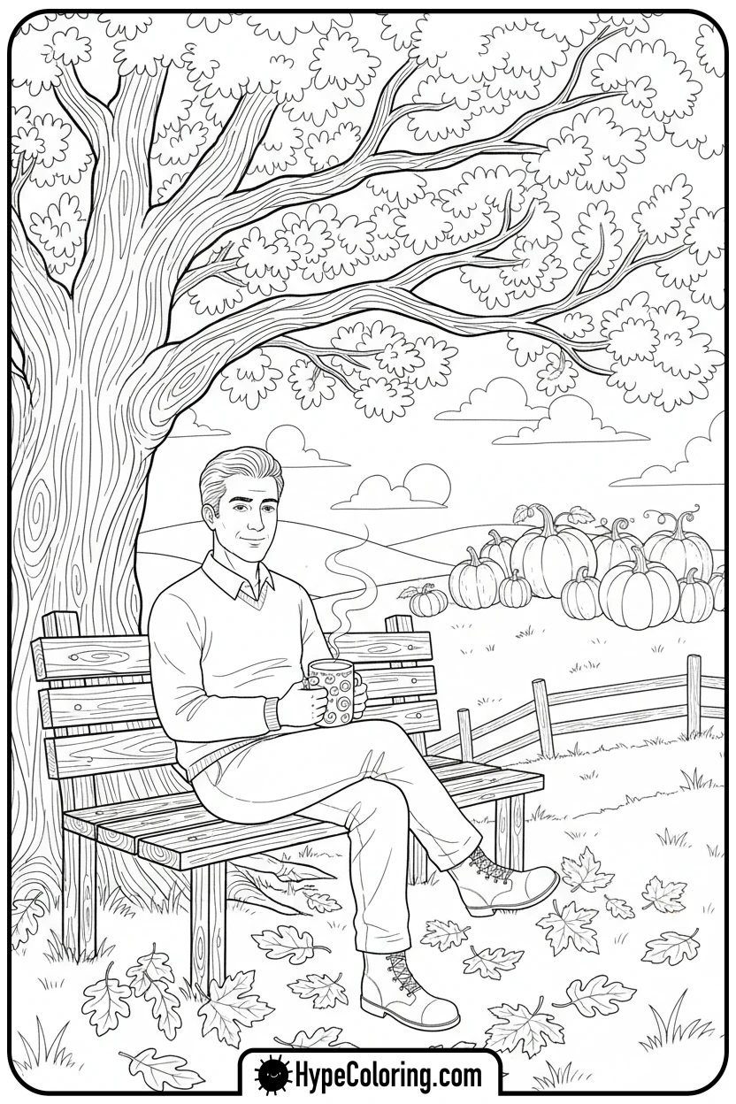man-drinking-cider-in-autumn-park - autumn adult coloring pages