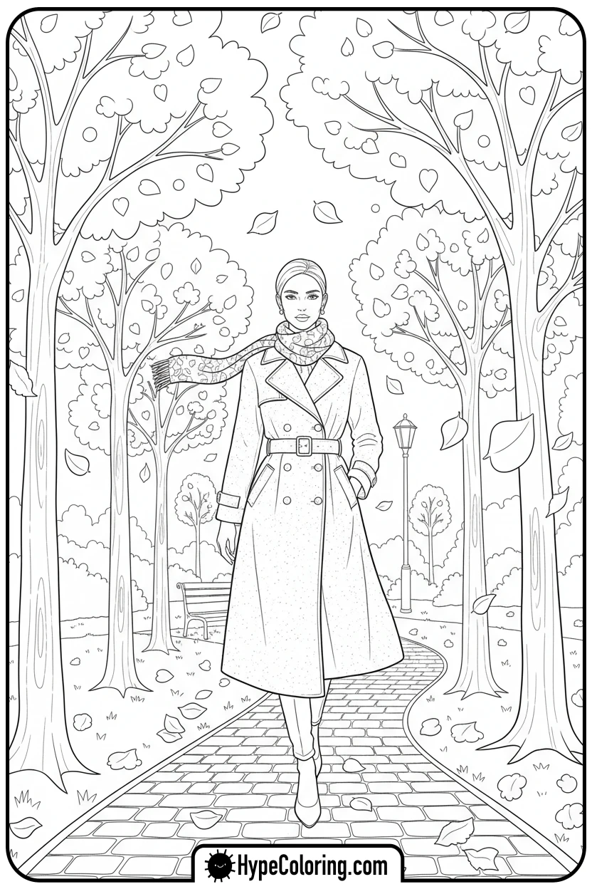 person-walking-through-autumn-park - autumn adult coloring pages