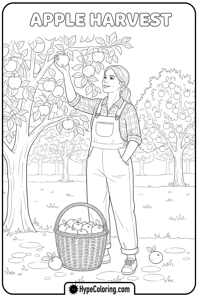 woman-picking-apples-in-orchard - autumn adult coloring pages