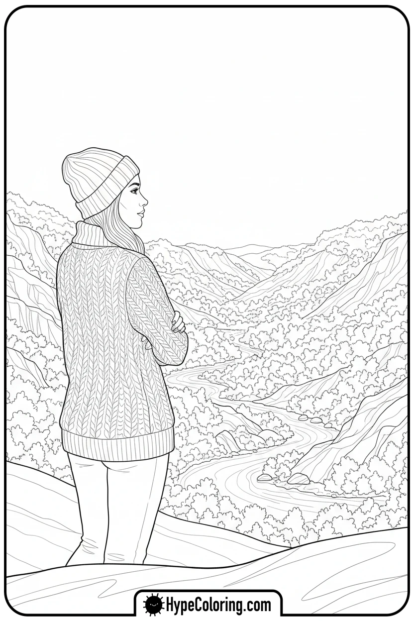 woman-admiring-fall-landscape - autumn adult coloring pages