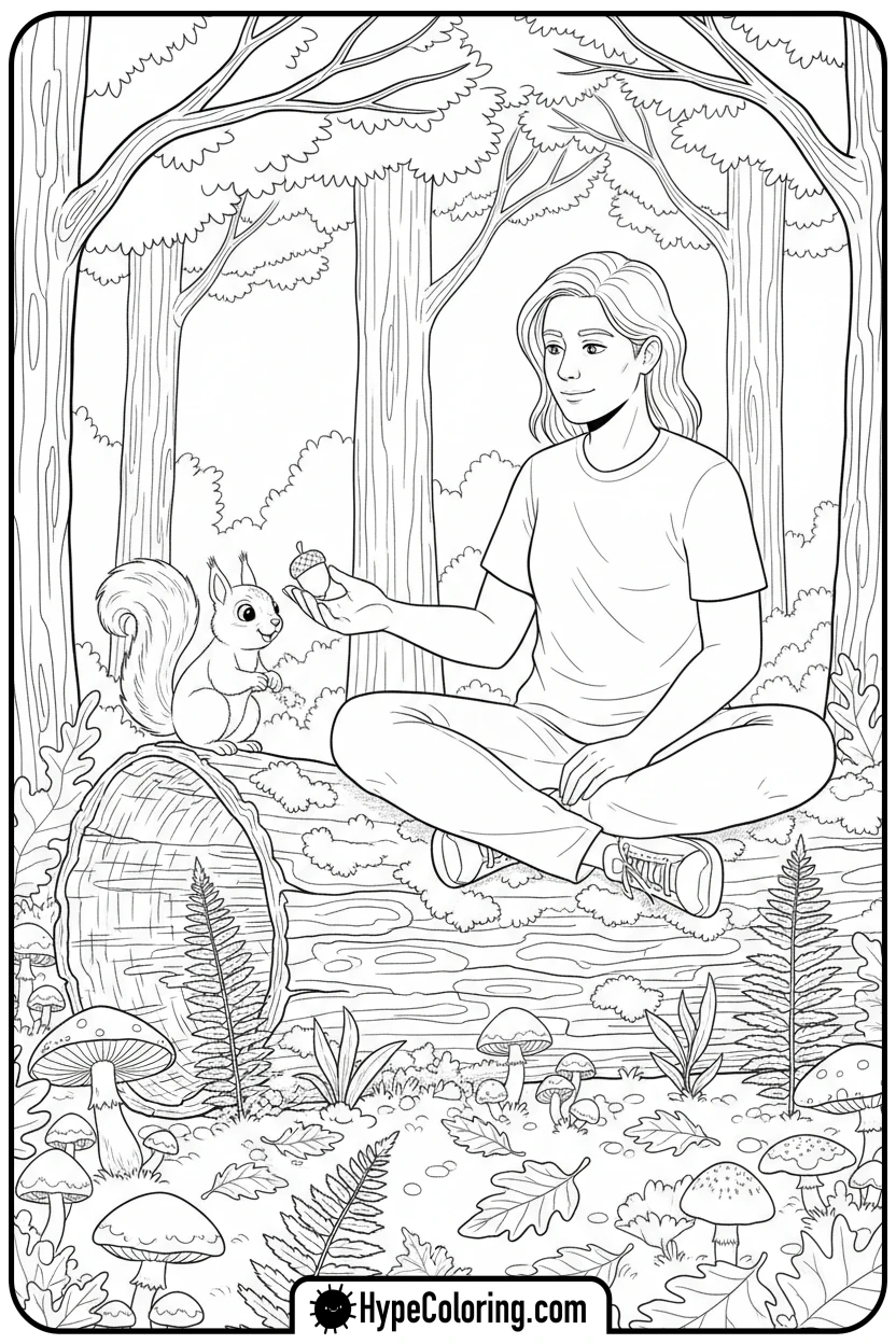 person-feeding-squirrel-in-autumn-forest - autumn adult coloring pages