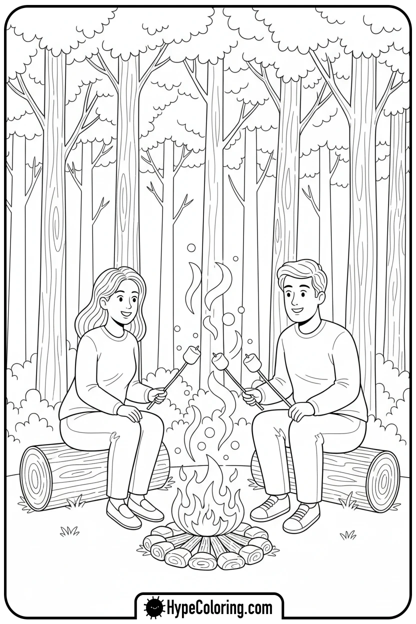 adults-toasting-marshmallows-by-campfire - autumn adult coloring pages