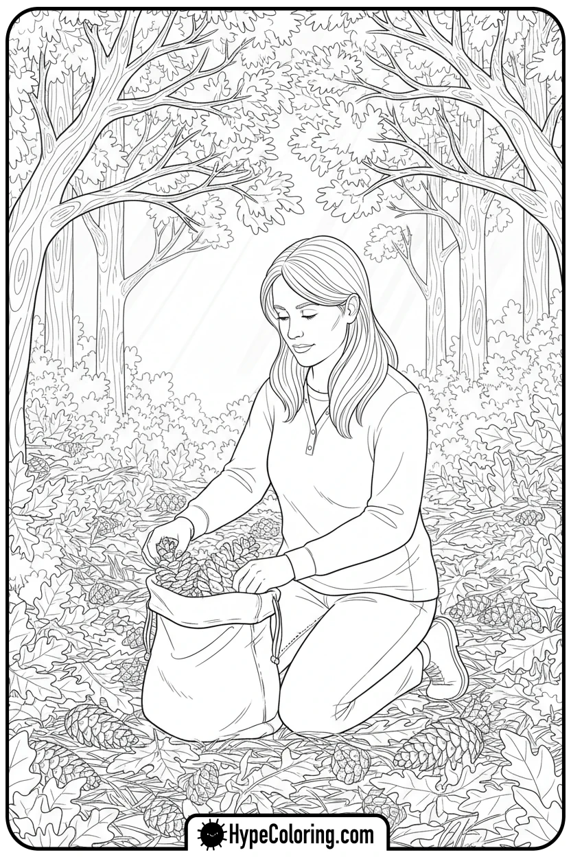 woman-collecting-pinecones-in-forest - autumn adult coloring pages