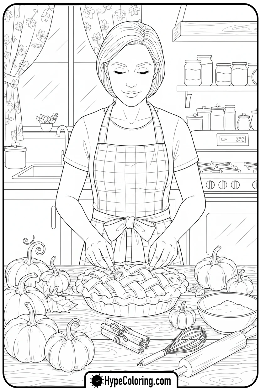 person-decorating-pumpkin-pie-in-kitchen - autumn adult coloring pages