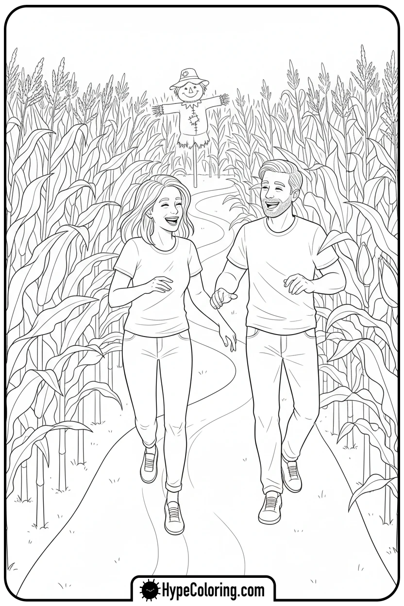 adults-exploring-a-corn-maze - autumn adult coloring pages