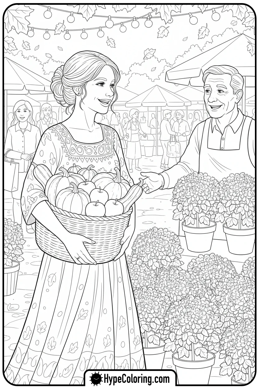 woman-shopping-at-autumn-market - autumn adult coloring pages