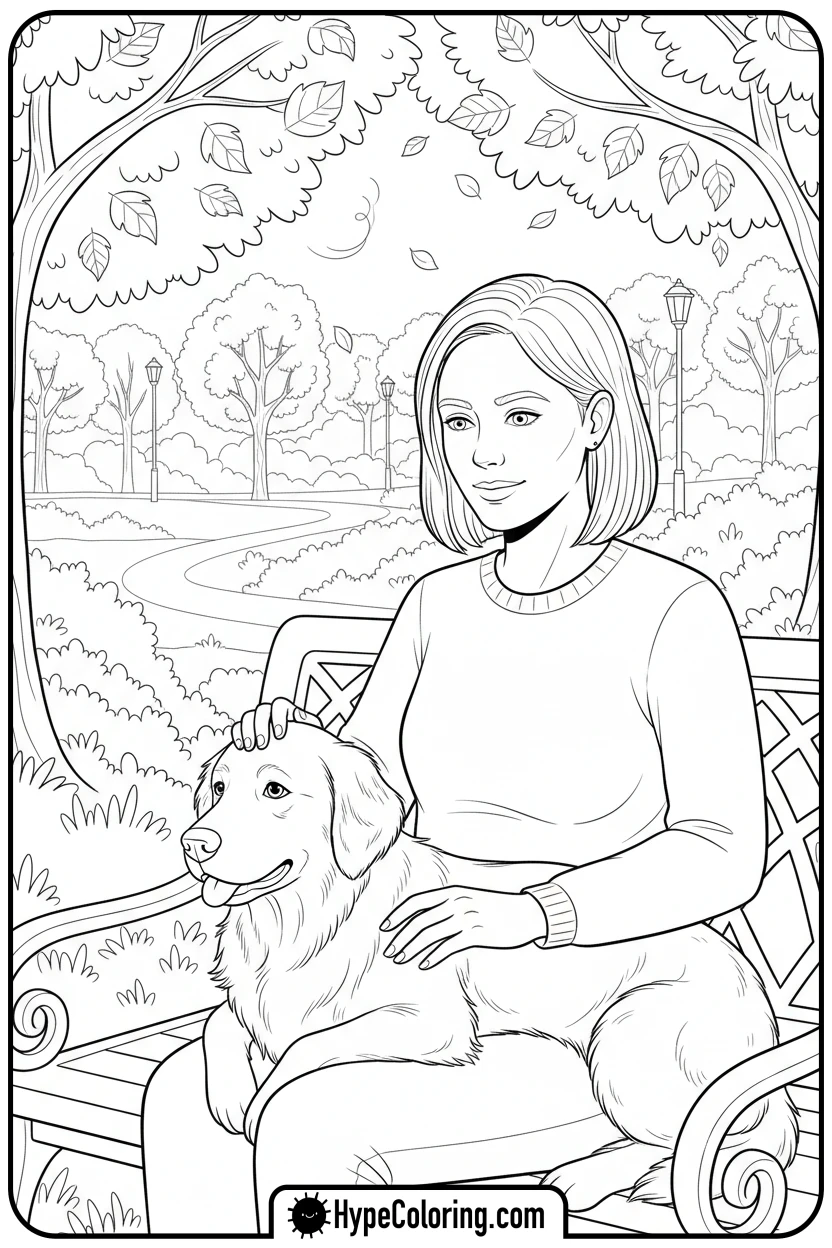 person-petting-dog-on-autumn-bench - autumn adult coloring pages