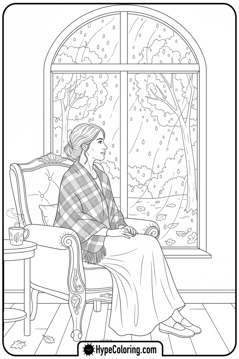 woman-by-window-watching-autumn-rain - autumn adult coloring pages