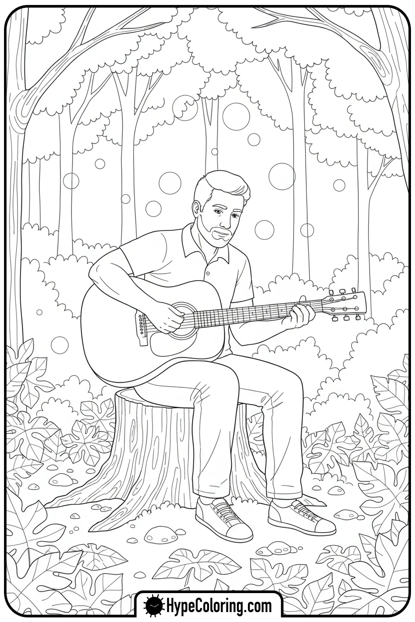 man-playing-guitar-in-autumn-forest - autumn adult coloring pages