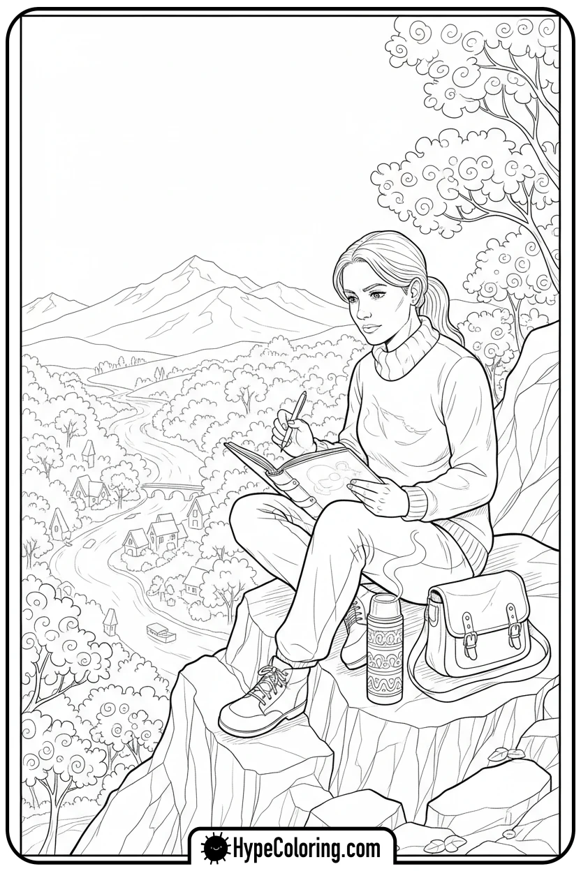 woman-sketching-autumn-landscape - autumn adult coloring pages