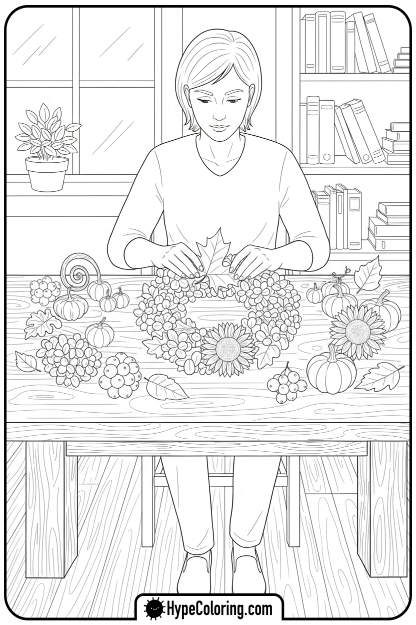 person-making-autumn-wreath - autumn adult coloring pages