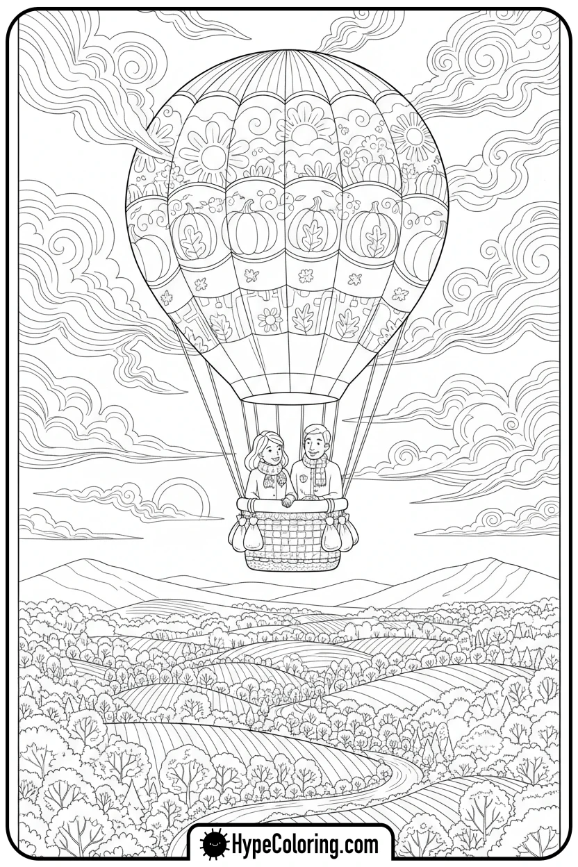 adults-in-hot-air-balloon-over-autumn-landscape - autumn adult coloring pages