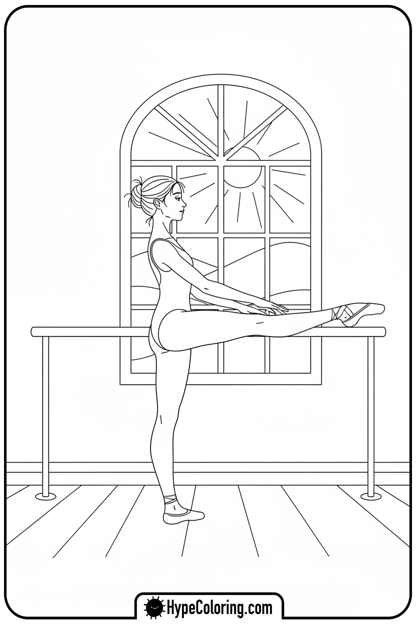 ballerina-stretching-at-barre - ballet dance coloring pages