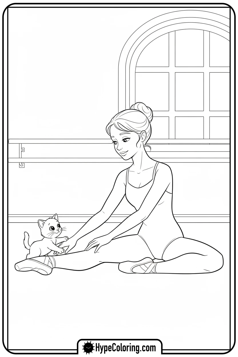 ballerina-stretching-with-kitten - ballet dance coloring pages
