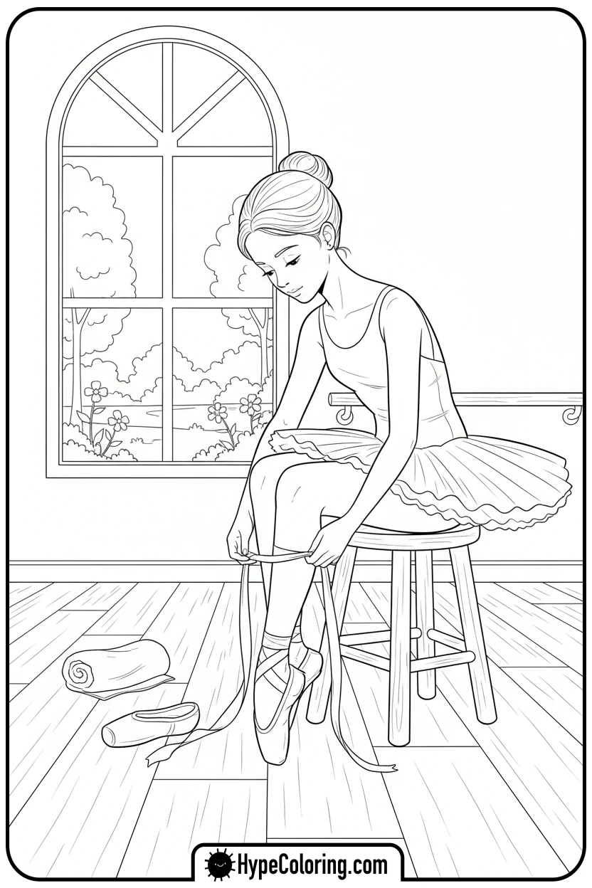 ballerina-tying-pointe-shoes - ballet dance coloring pages