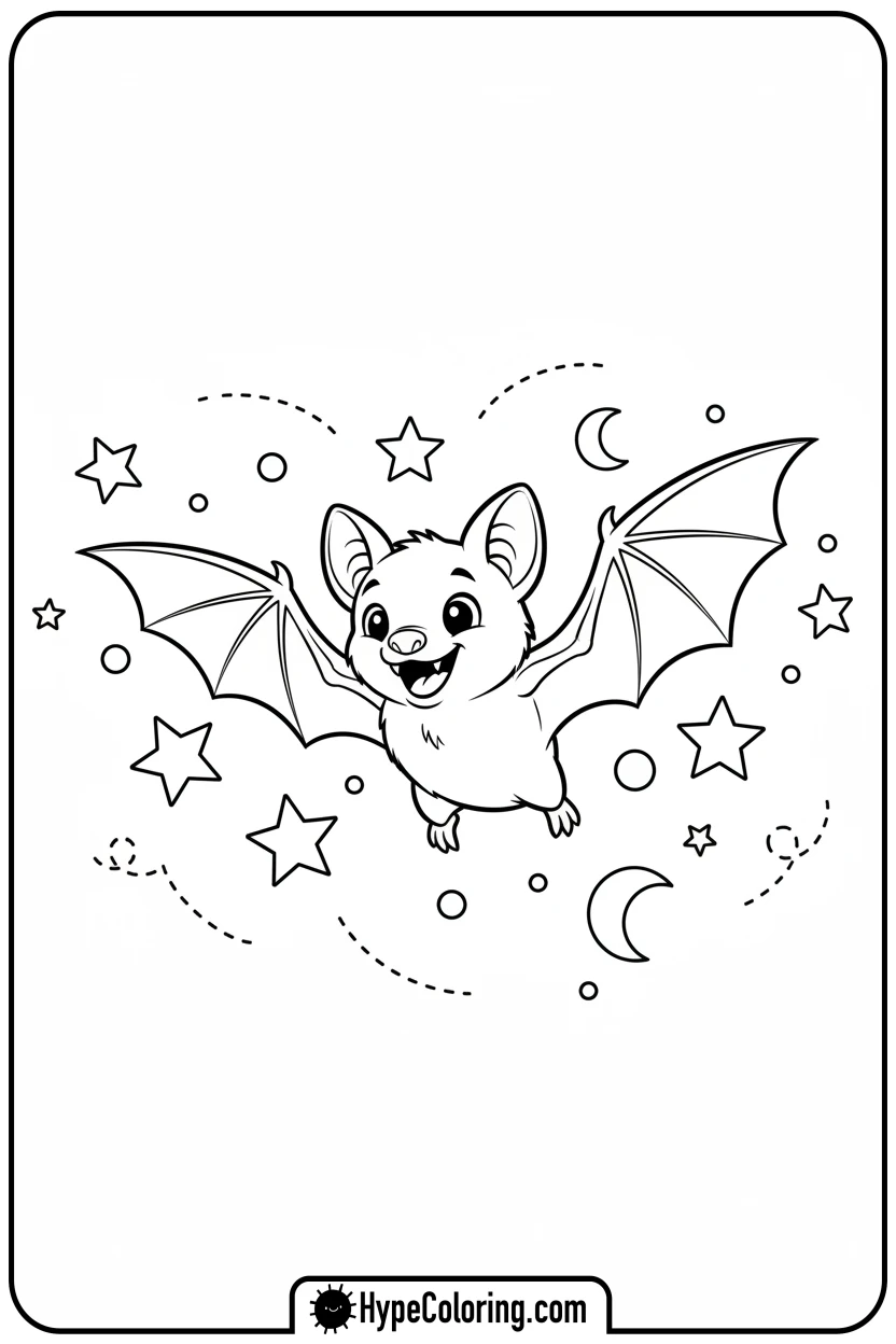 happy-bat-flying-in-night-sky - bat coloring pages