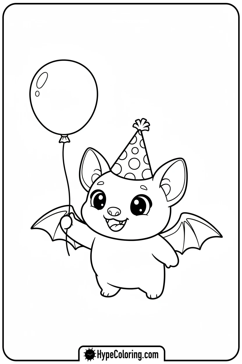 bat-with-party-hat-and-balloon - bat coloring pages