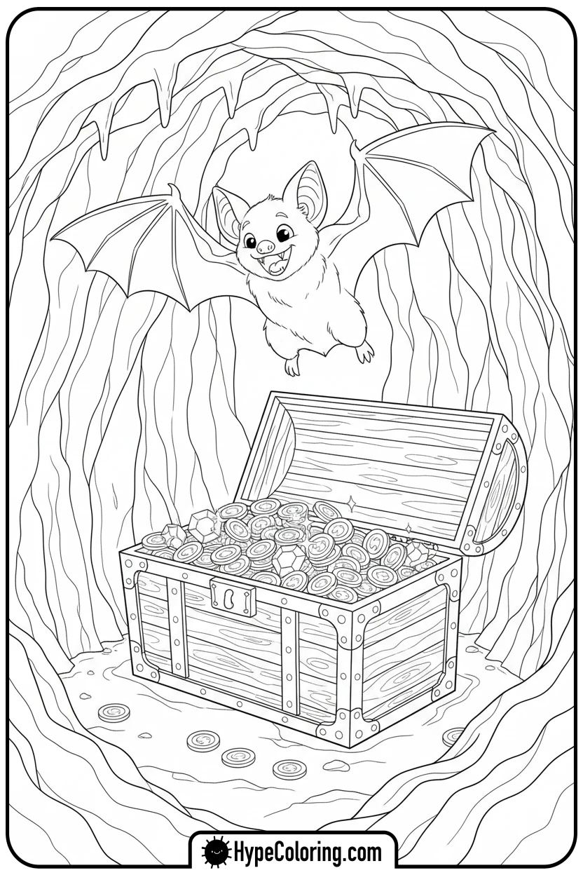 bat-finding-treasure-chest - bat coloring pages