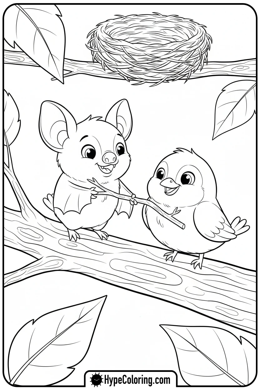 bat-helping-bird-build-nest - bat coloring pages