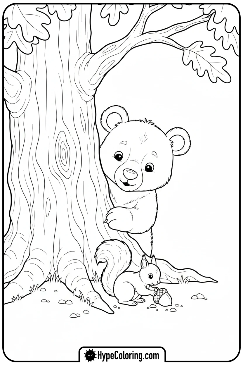 Click to download PDF curious-bear-peeking-from-tree - bear coloring page