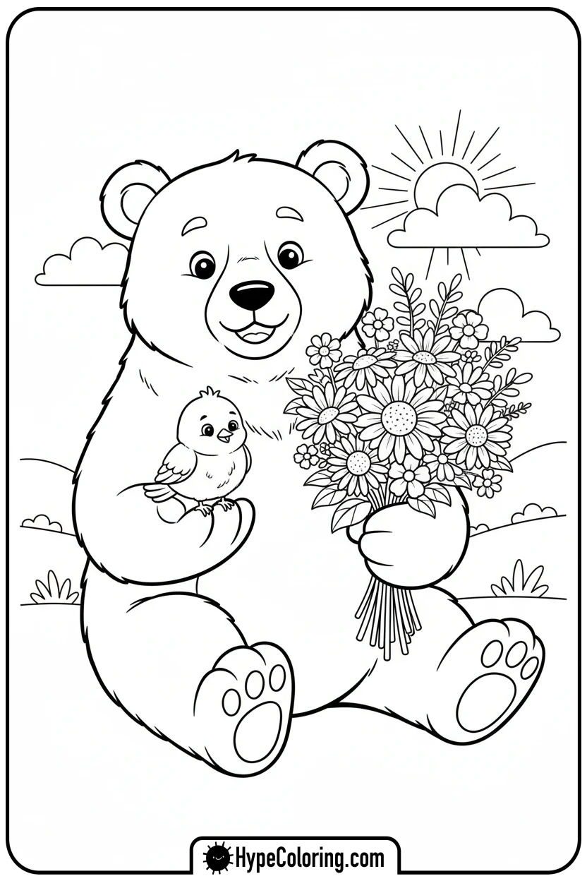 Click to download PDF bear-offering-flowers-to-bird - bear coloring page