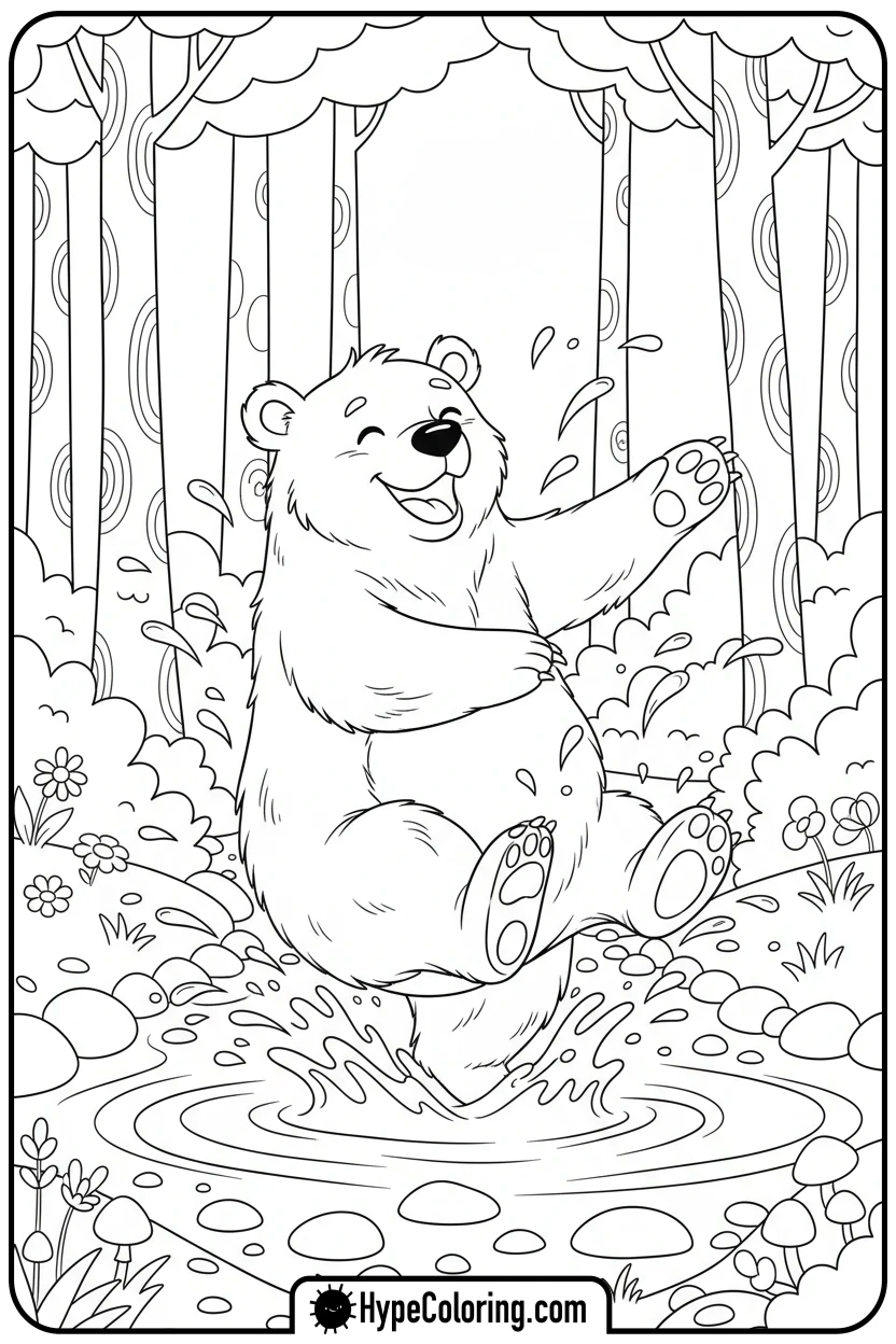 Click to download PDF joyful-bear-splashing-in-stream - bear coloring page