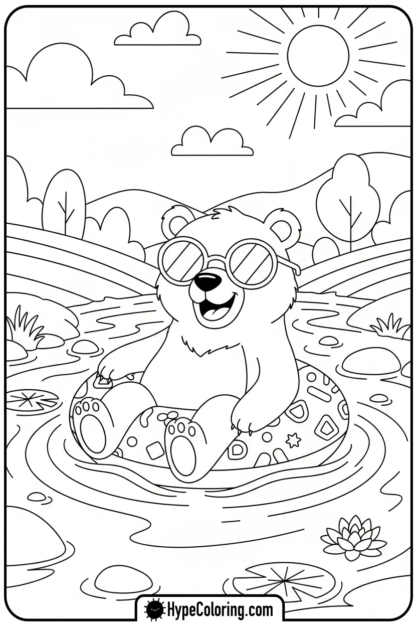 Click to download PDF adventurous-bear-floating-in-tube - bear coloring page