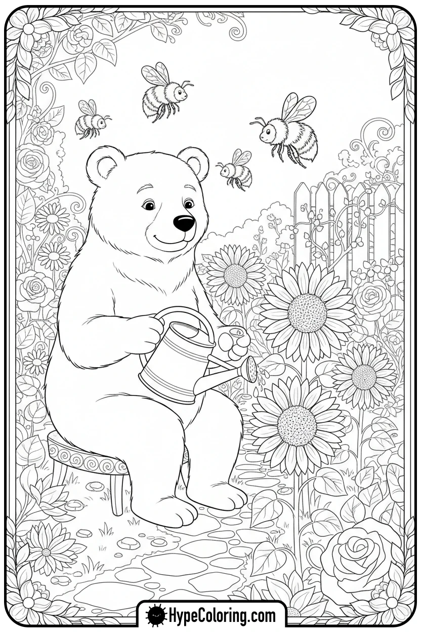 Click to download PDF kind-bear-watering-sunflowers - bear coloring page