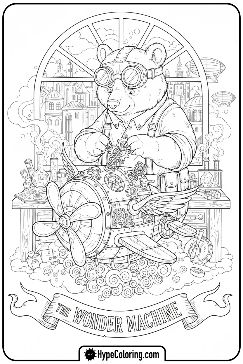 Click to download PDF clever-bear-inventing-machine - bear coloring page