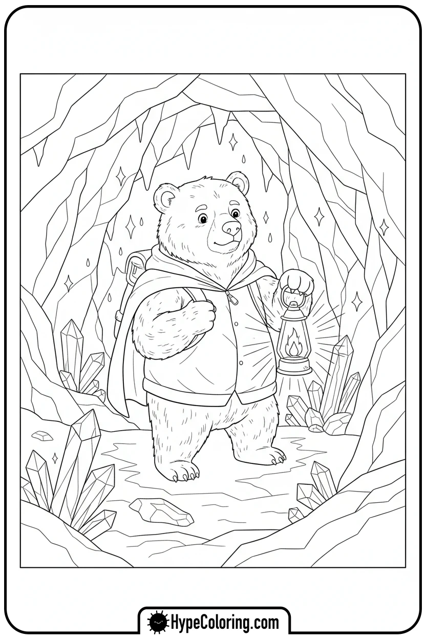 Click to download PDF brave-bear-exploring-cave - bear coloring page