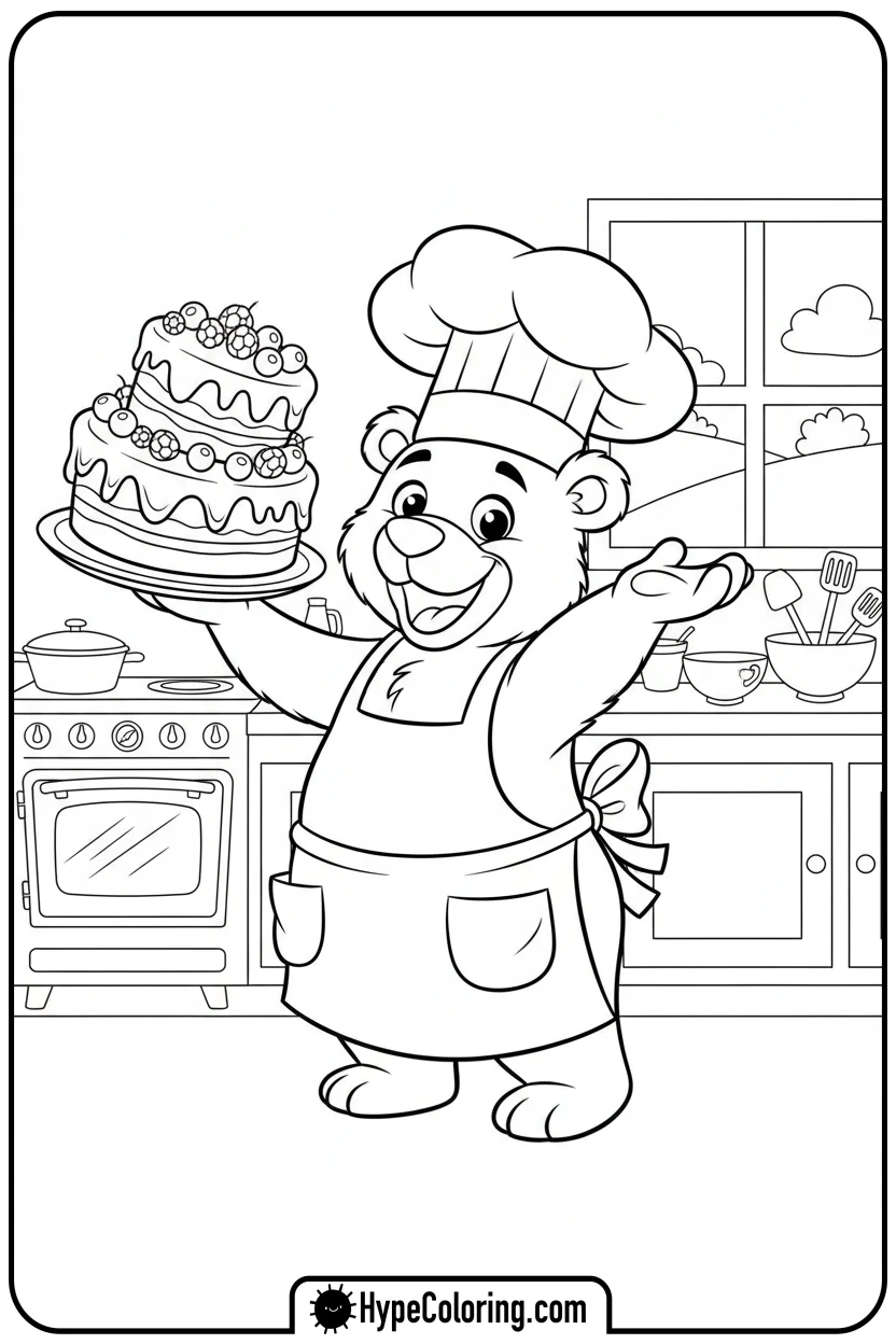 Click to download PDF silly-bear-baking-cake - bear coloring page