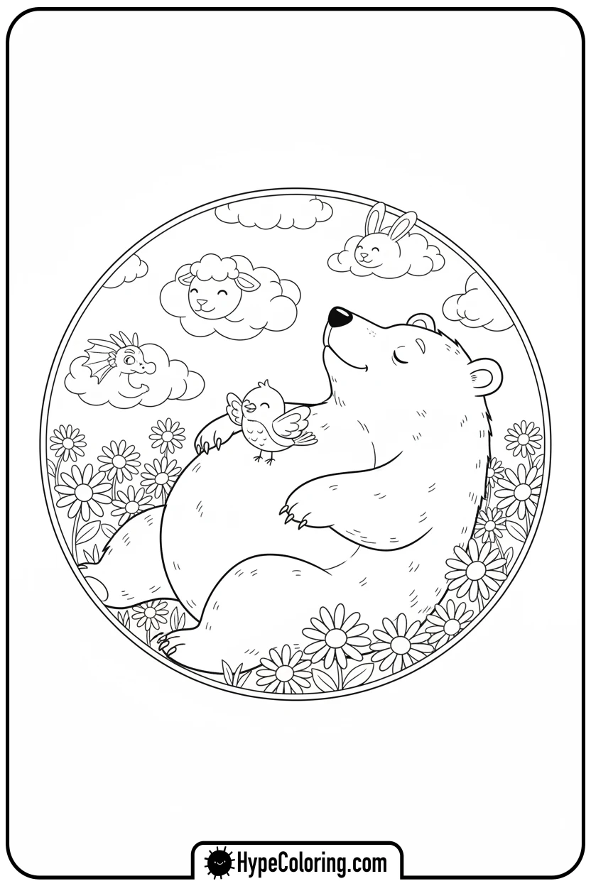 Click to download PDF dreaming-bear-in-daisy-field - bear coloring page