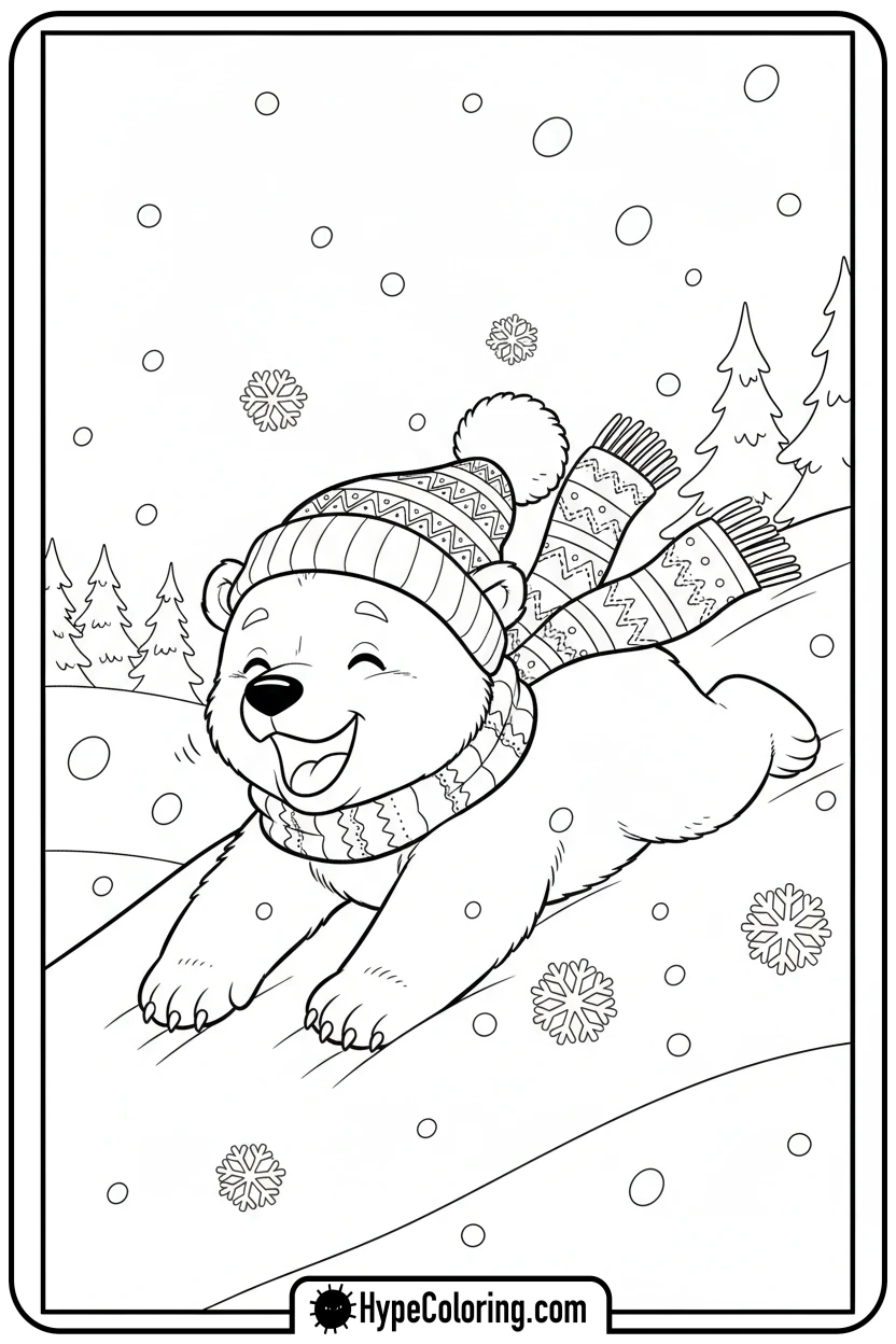 Click to download PDF polar-bear-cub-sliding-in-snow - bear coloring page
